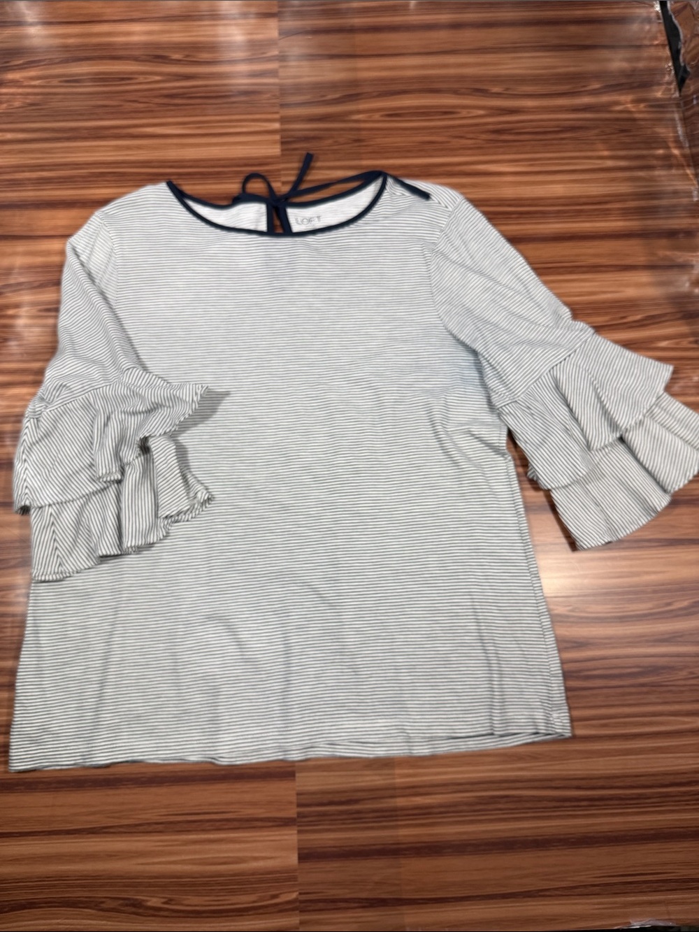LOFT Outlet Navy and White Striped Ruffle Sleeve Top